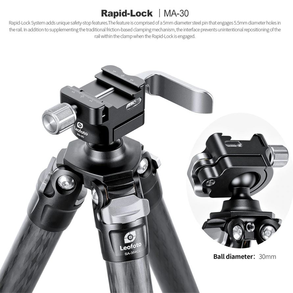 Leofoto SA-364C+MA-30 Tripod 1650mm 65" 4 Section Legs Carbon Fiber CF + Rapid Lock QR Ball Head Arca/Picatinny Compatible